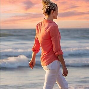 Coral Pink Portofino Women's Button Up with Pockets